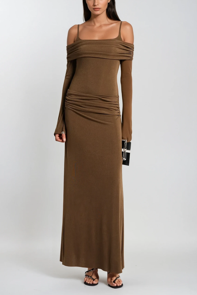 Stylish brown dress | Annmarie Off Shoulder Ruch Maxi Dress In Brown - Ideal for special occasions