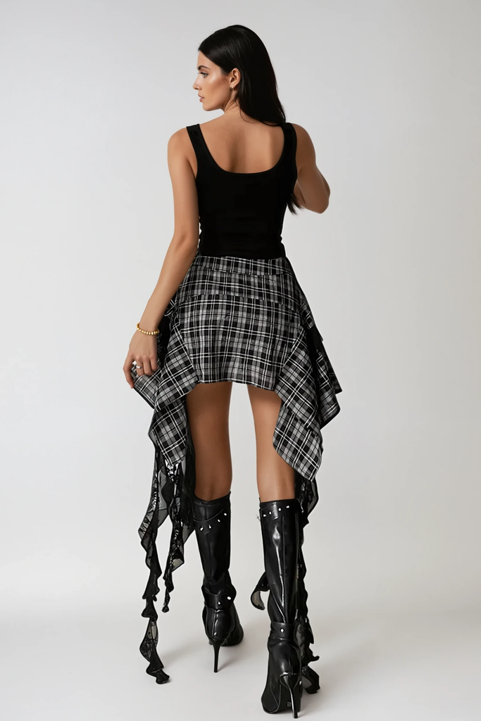 Annot Grid Asymmetric Fringe Skirt - Stylish beautiful dress for special occasions | Buy Online