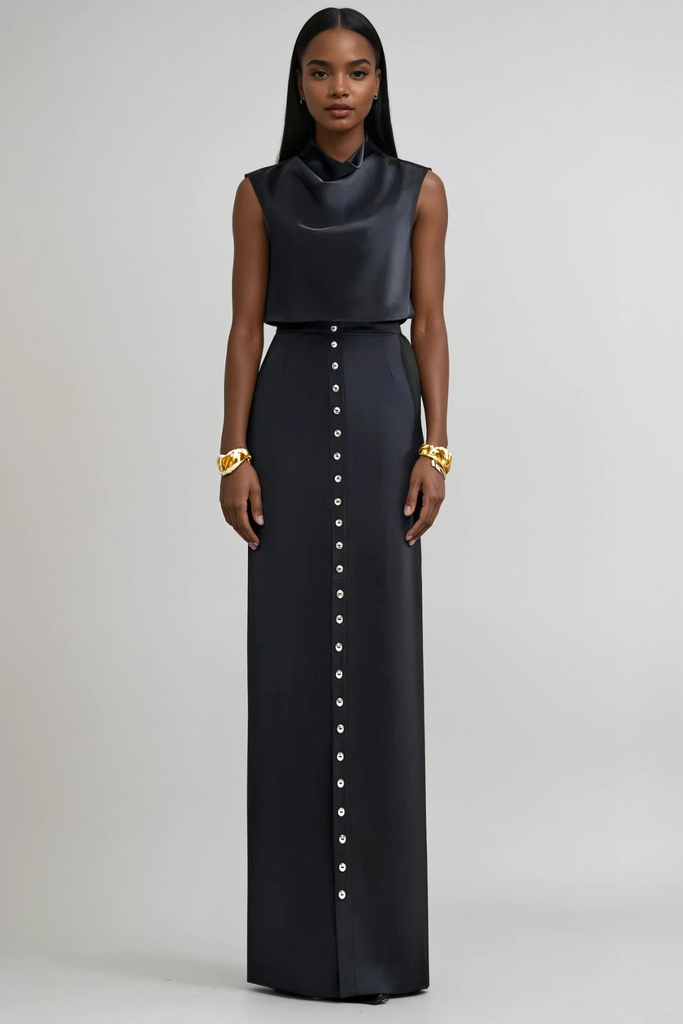 Anselm Button Sleeveless Skirt Set In Black - Stylish black dress for special occasions | Buy Online