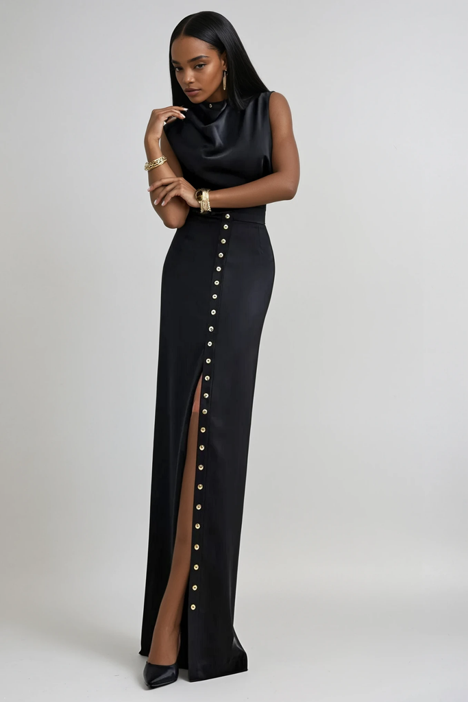 Anselm Button Sleeveless Skirt Set In Black - Stylish black dress for special occasions | Buy Online