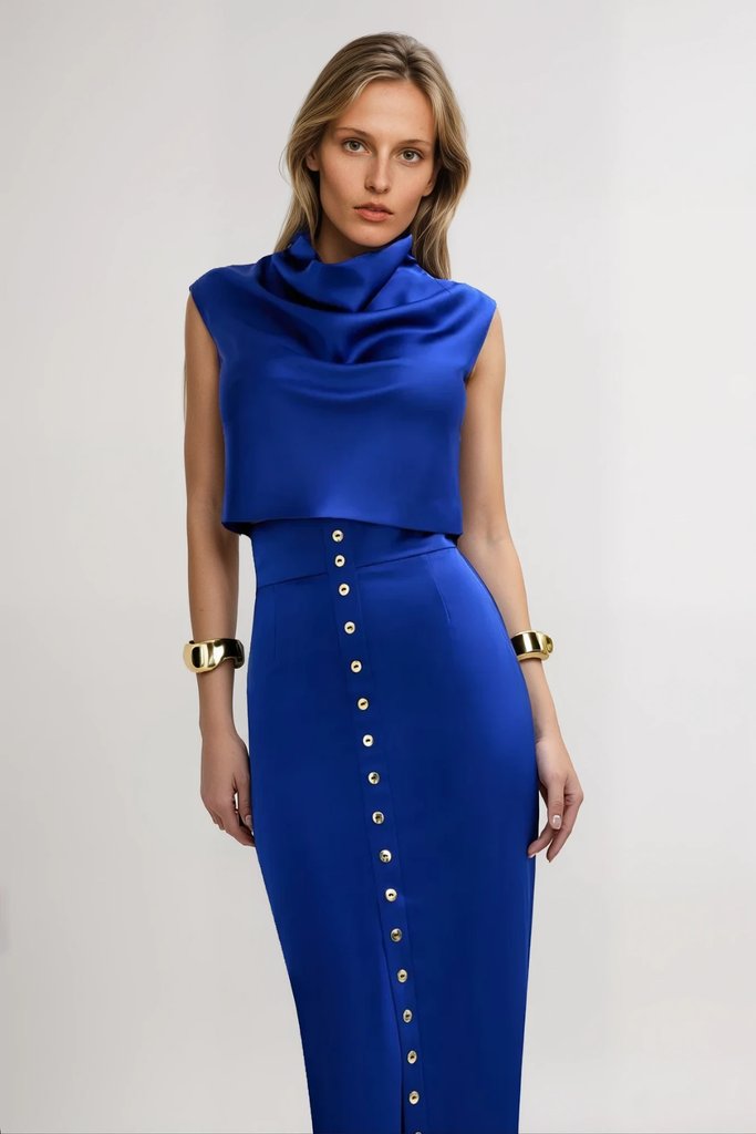 Anselm Button Sleeveless Skirt Set In Blue - Stylish blue dress for special occasions | Buy Online
