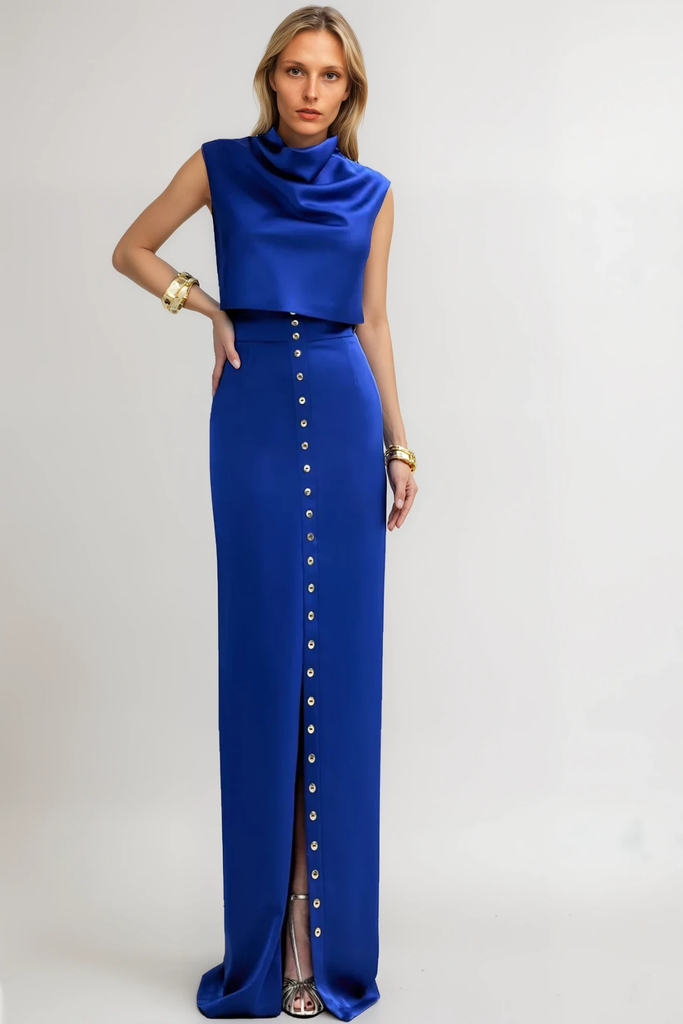 Stylish blue dress | Anselm Button Sleeveless Skirt Set In Blue - Ideal for special occasions