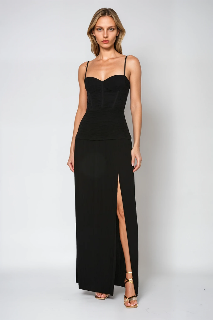 Anstey Ruch Split Spaghetti Maxi Dress In Black - Stylish black dress for special occasions | Buy Online