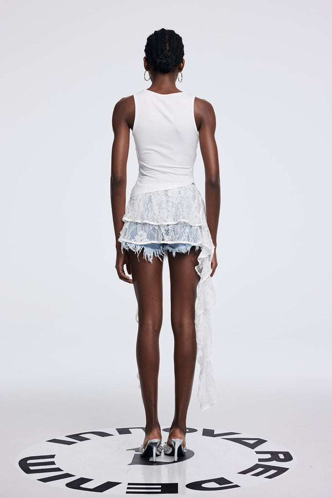 Shop  blue dress - Perfect for special occasions | Antonia Lace Fringe Lace Up Short Jeans In Blue