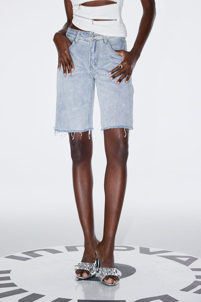 Shop  blue dress - Perfect for special occasions | Antonio Rhinestone Fringe Short Jeans In Slight Blue