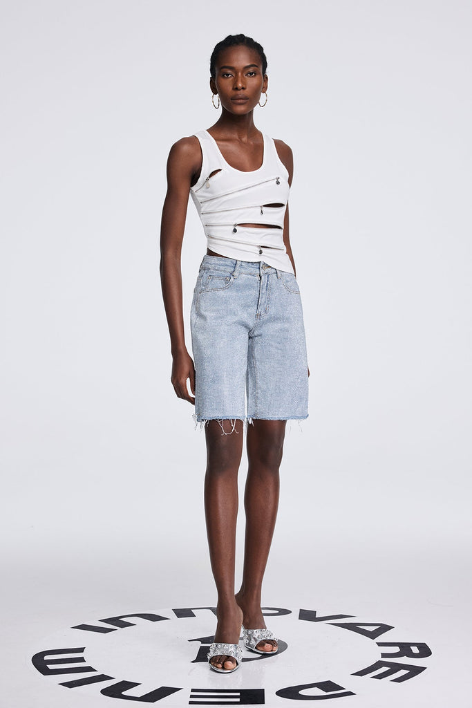 Antonio Rhinestone Fringe Short Jeans In Slight Blue - Stylish blue dress for special occasions | Buy Online