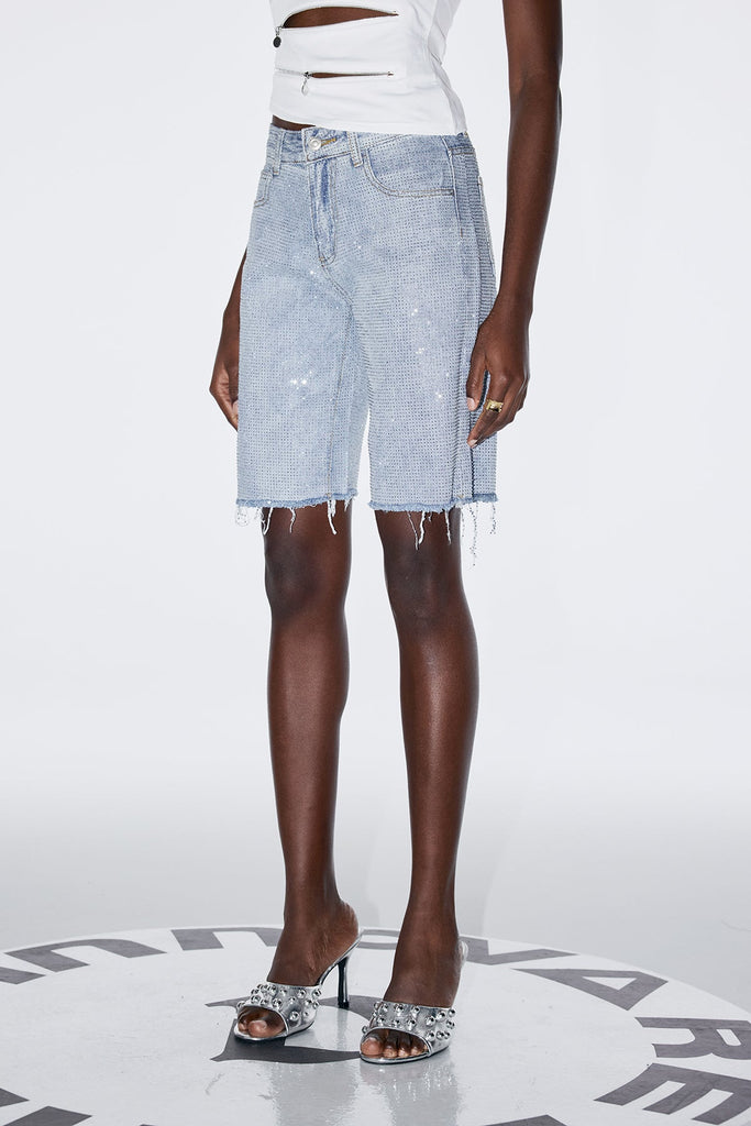 Shop  blue dress - Perfect for special occasions | Antonio Rhinestone Fringe Short Jeans In Slight Blue