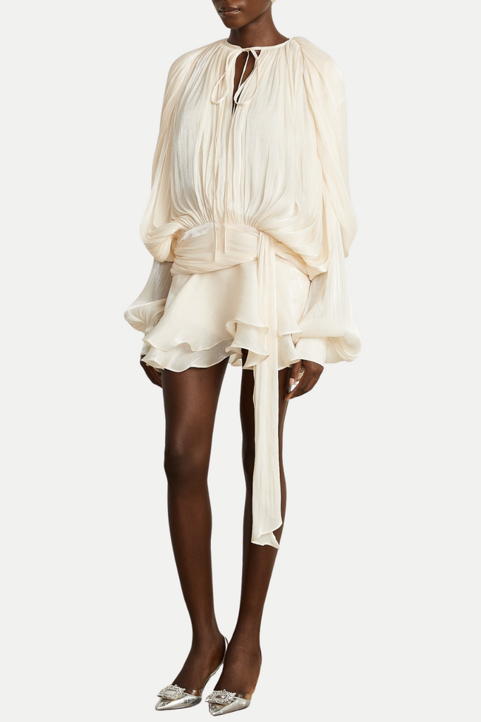 Stylish beige dress | Anzay Pleated Ruffled Hem Mini Dress - Beige - Ideal for special occasions