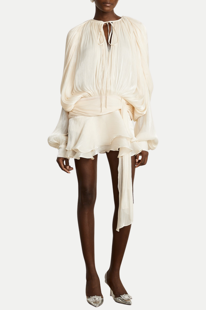 Anzay Pleated Ruffled Hem Mini Dress - Beige - Stylish beige dress for special occasions | Buy Online