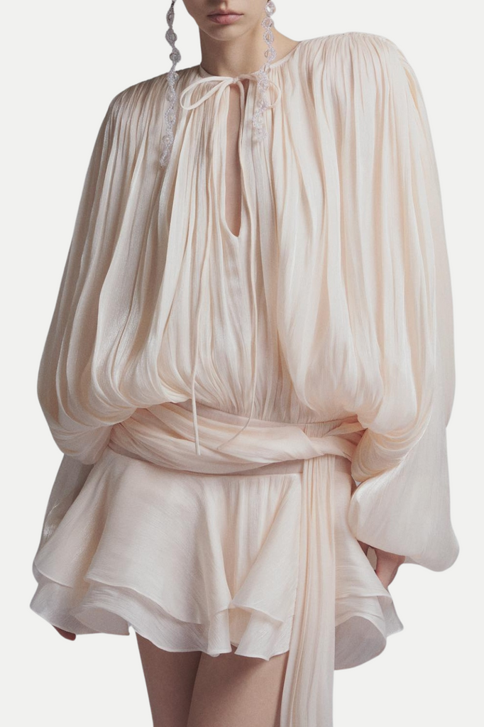 Anzay Pleated Ruffled Hem Mini Dress - Beige - Stylish beige dress for special occasions | Buy Online