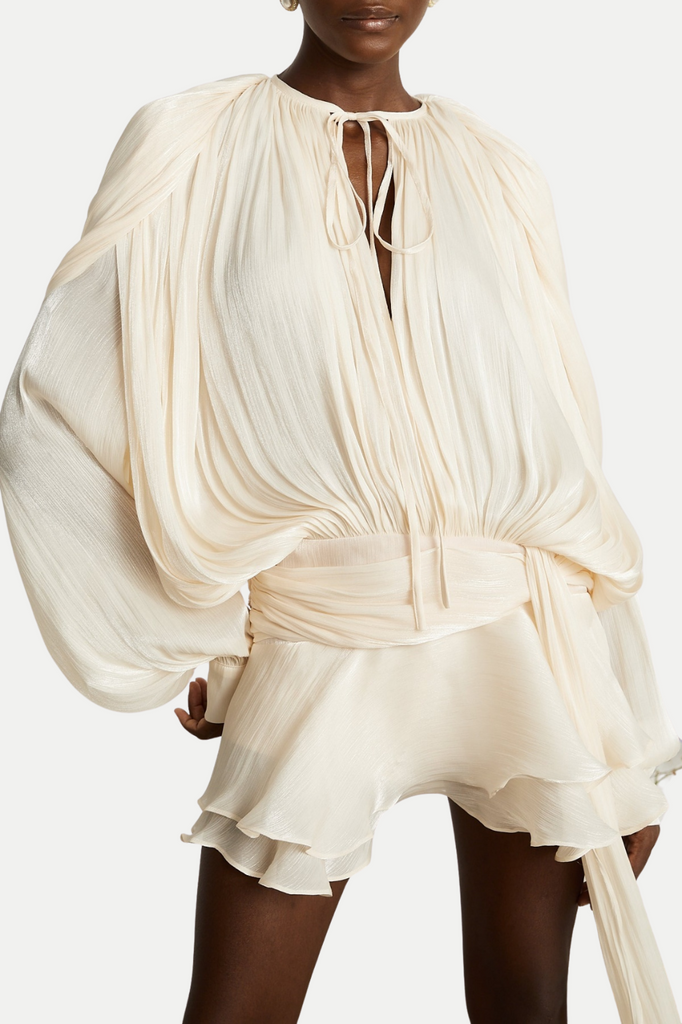 Shop  beige dress - Perfect for special occasions | Anzay Pleated Ruffled Hem Mini Dress - Beige