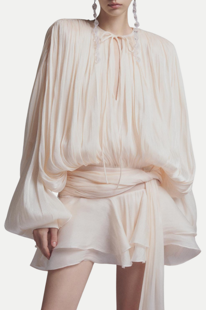 Stylish beige dress | Anzay Pleated Ruffled Hem Mini Dress - Beige - Ideal for special occasions