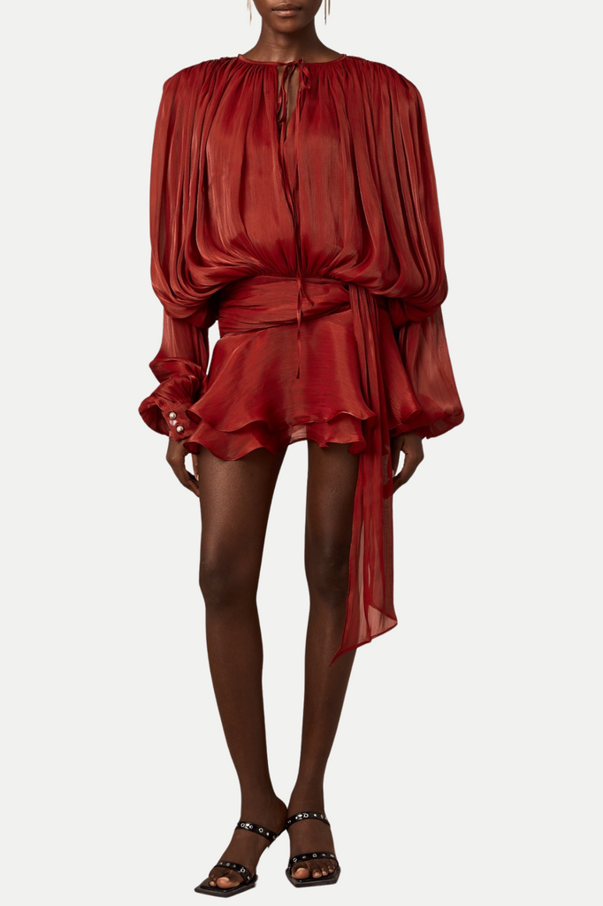 Anzay Pleated Ruffled Hem Mini Dress - Red - Stylish red dress for special occasions | Buy Online