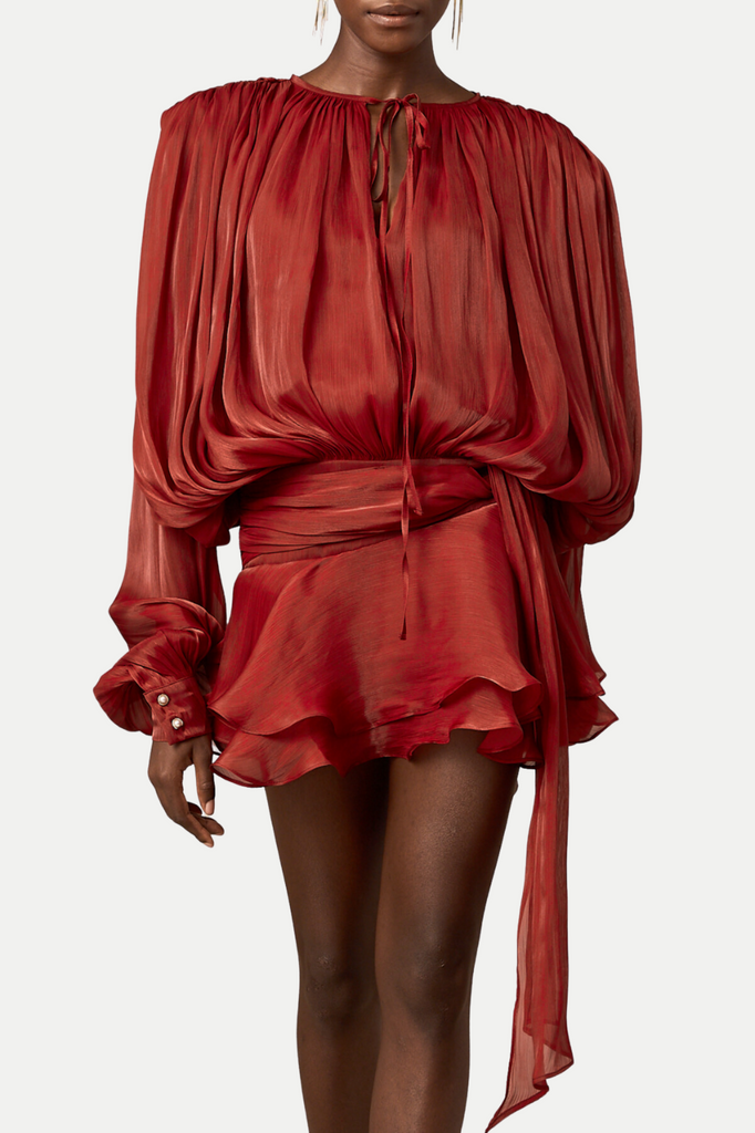 Anzay Pleated Ruffled Hem Mini Dress - Red - Stylish red dress for special occasions | Buy Online