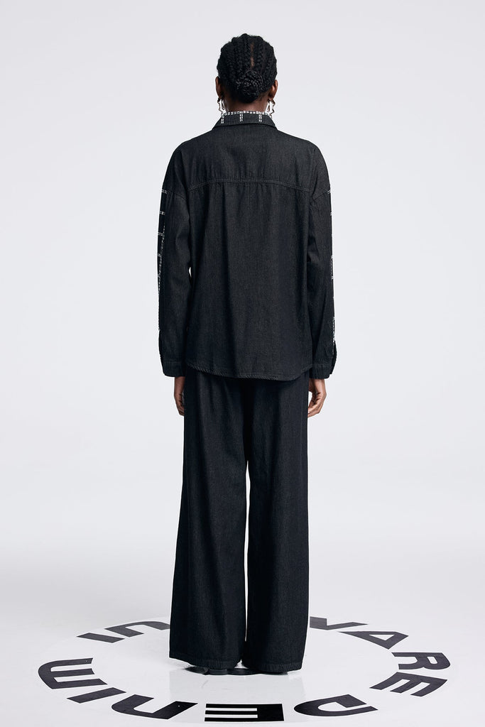 Shop  black dress - Perfect for special occasions | Aodh Rhinestone Grid Denim Shirt Pants Set In Black