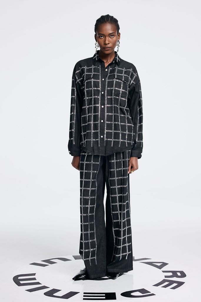 Stylish black dress | Aodh Rhinestone Grid Denim Shirt Pants Set In Black - Ideal for special occasions