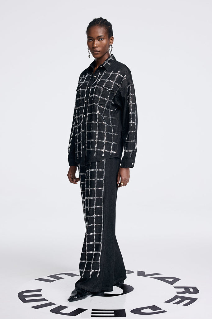 Aodh Rhinestone Grid Denim Shirt Pants Set In Black - Stylish black dress for special occasions | Buy Online
