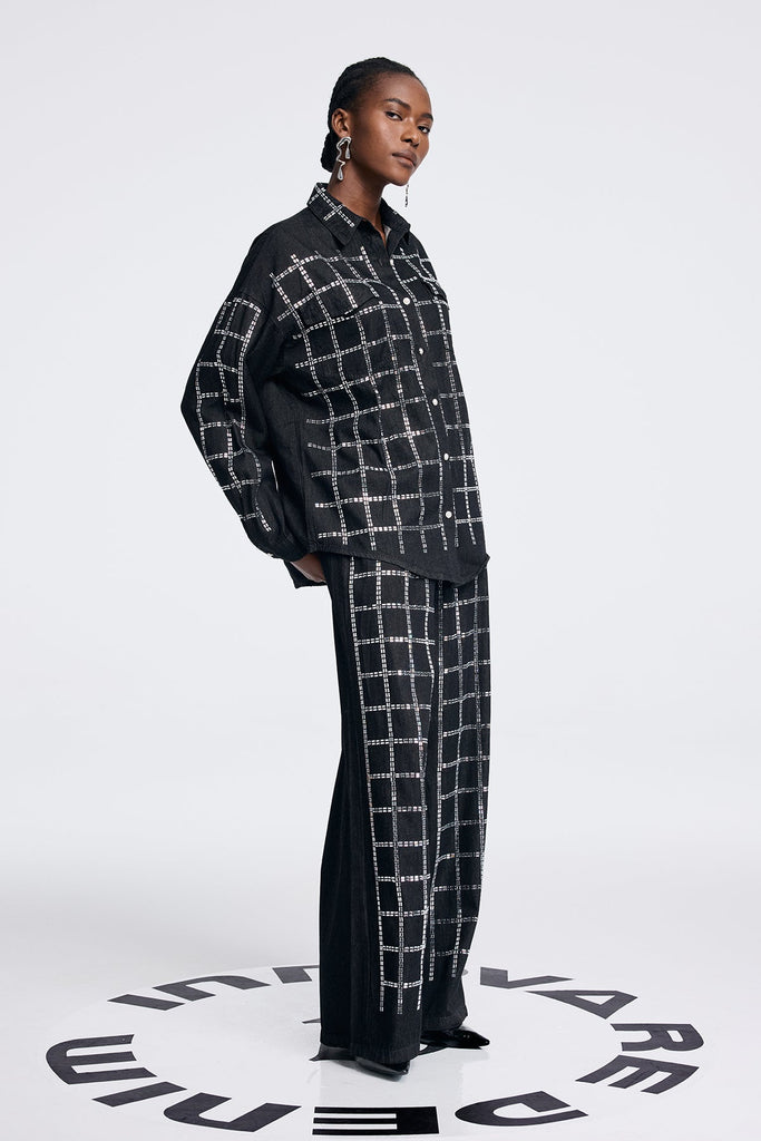Stylish black dress | Aodh Rhinestone Grid Denim Shirt Pants Set In Black - Ideal for special occasions