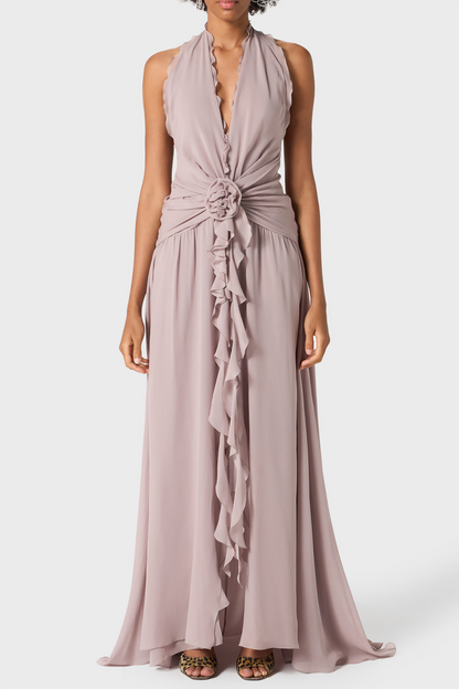 Aonaver Floral Ruffle Halter Maxi Dress - Purple