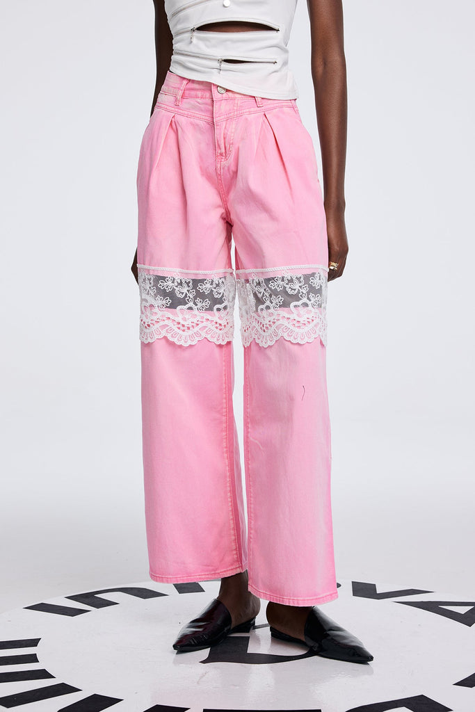 Stylish pink dress | Apocatequil Lace Deconstruct Cutout Jeans In Pink - Ideal for special occasions
