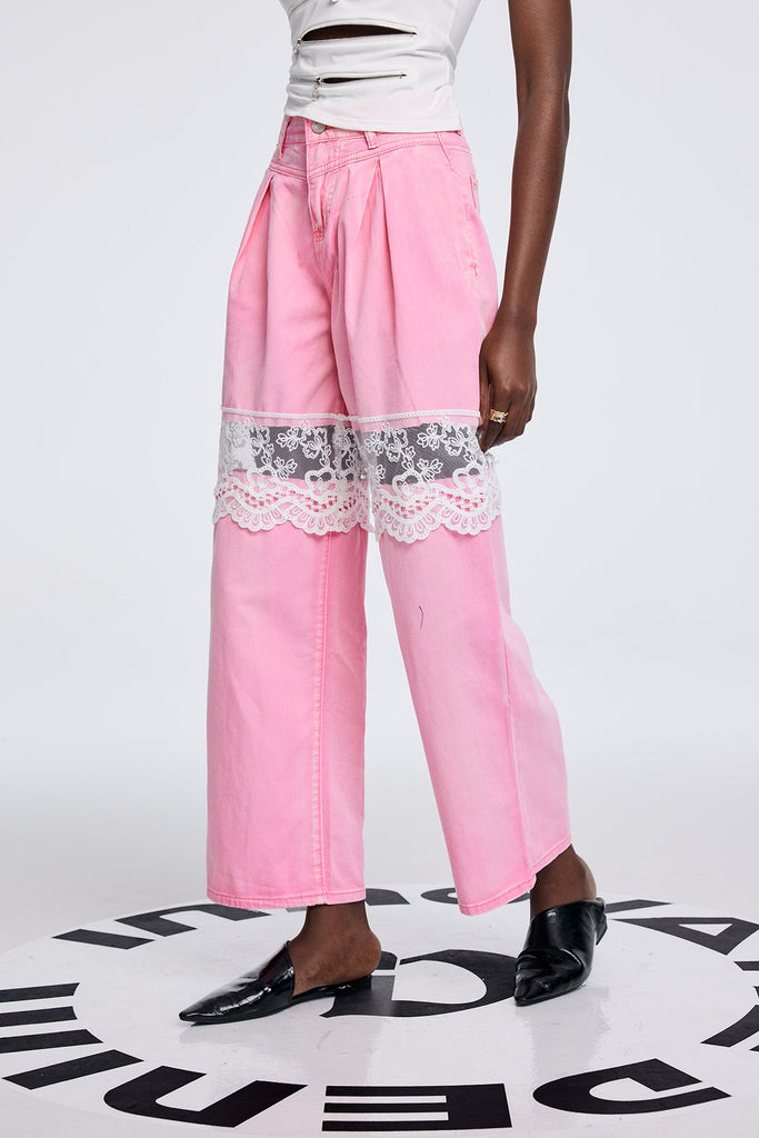 Shop  pink dress - Perfect for special occasions | Apocatequil Lace Deconstruct Cutout Jeans In Pink