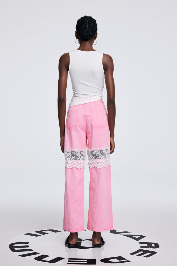 Stylish pink dress | Apocatequil Lace Deconstruct Cutout Jeans In Pink - Ideal for special occasions