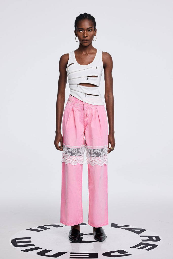 Stylish pink dress | Apocatequil Lace Deconstruct Cutout Jeans In Pink - Ideal for special occasions