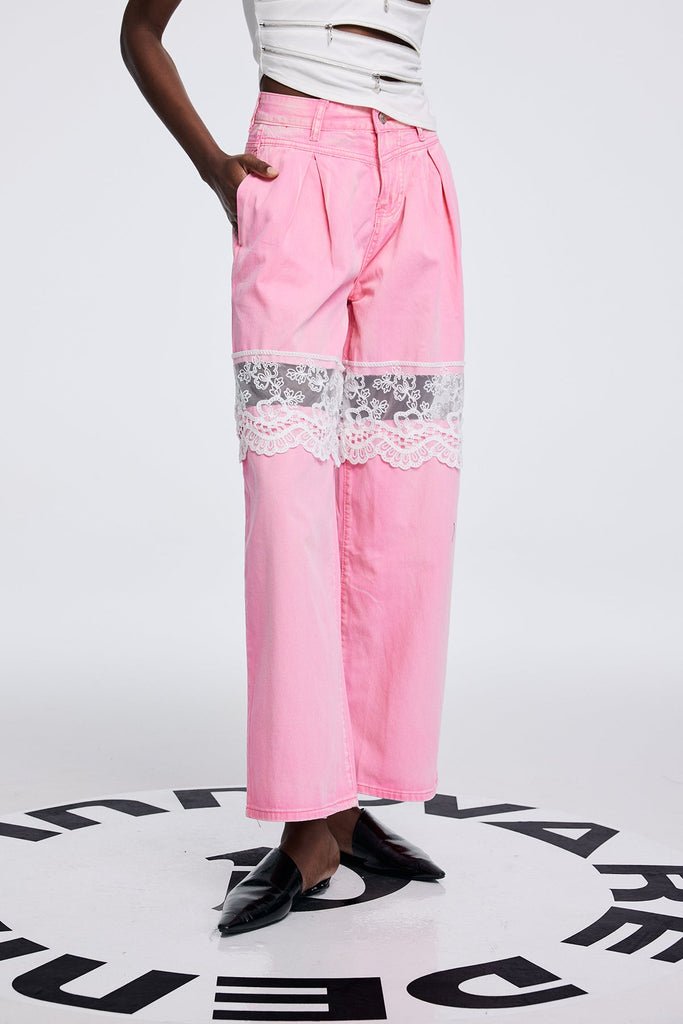 Apocatequil Lace Deconstruct Cutout Jeans In Pink - Stylish pink dress for special occasions | Buy Online