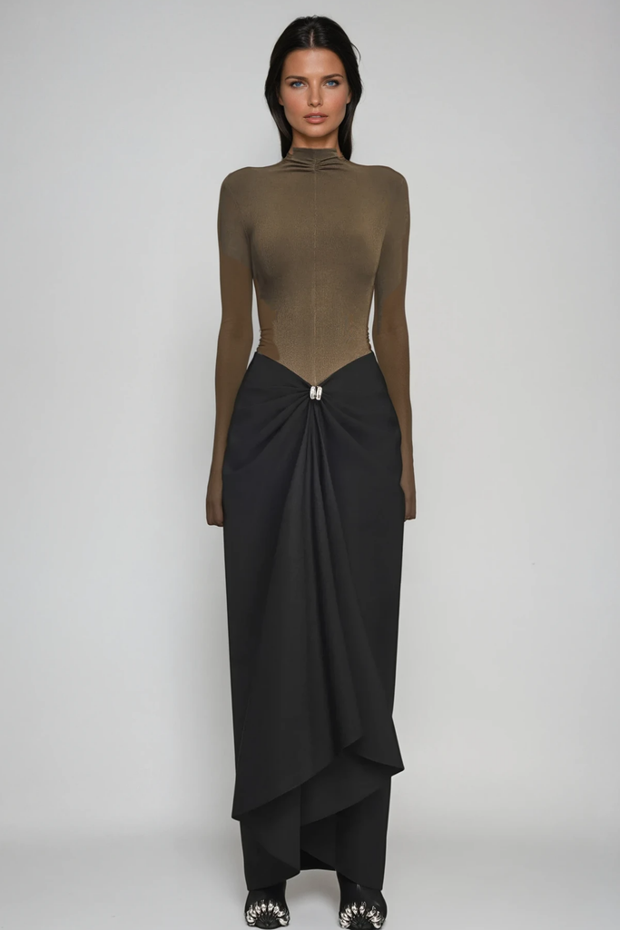 Stylish brown dress | Apria Bodycon Deconstruct Ruch Maxi Dress In Brown - Ideal for special occasions