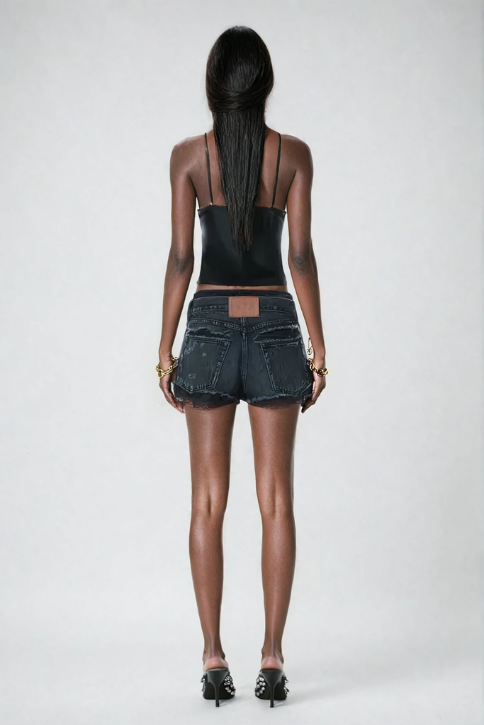 Aqila Lace Deconstruct Short Jeans In Black - Stylish black dress for special occasions | Buy Online