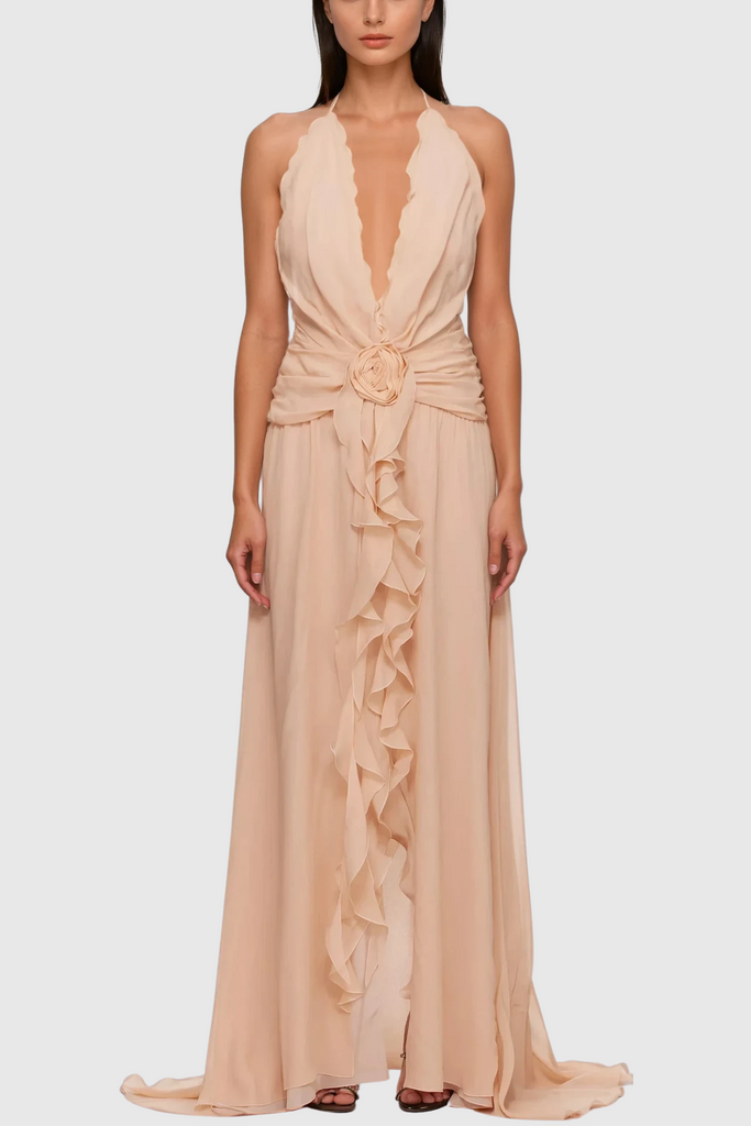 Stylish pink dress | Aradhya Flower Ruffle Halter Neck Mesh Maxi Dress In Pink - Ideal for special occasions