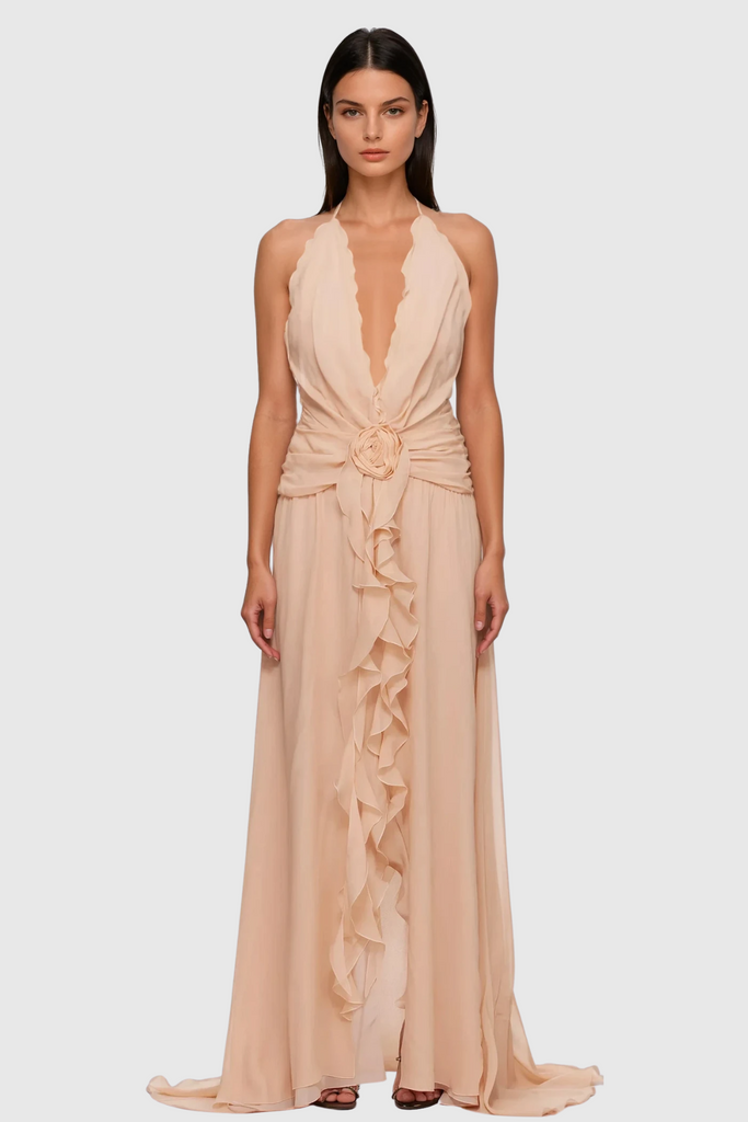 Stylish pink dress | Aradhya Flower Ruffle Halter Neck Mesh Maxi Dress In Pink - Ideal for special occasions