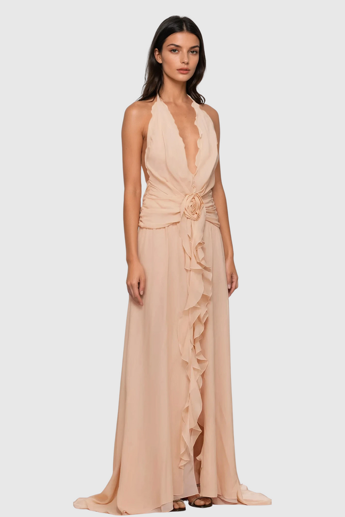Stylish pink dress | Aradhya Flower Ruffle Halter Neck Mesh Maxi Dress In Pink - Ideal for special occasions