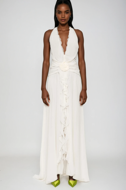 Aradhya Flower Ruffle Halter Neck Mesh Maxi Dress In White