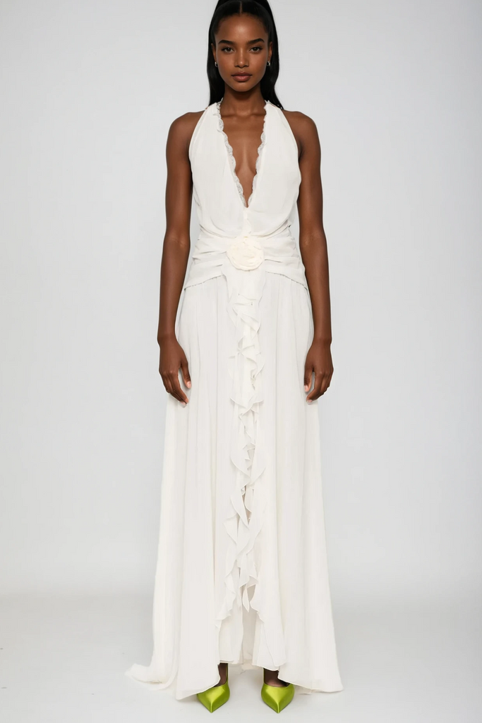 Stylish white dress | Aradhya Flower Ruffle Halter Neck Mesh Maxi Dress In White - Ideal for special occasions