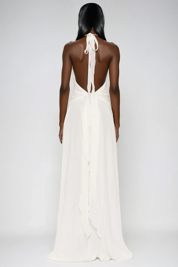 Stylish white dress | Aradhya Flower Ruffle Halter Neck Mesh Maxi Dress In White - Ideal for special occasions