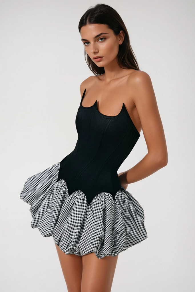 Aragog Asymmetric Strapless Grid Mini Dress - Stylish beautiful dress for special occasions | Buy Online