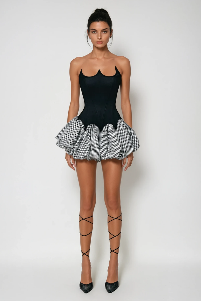 Stylish beautiful dress | Aragog Asymmetric Strapless Grid Mini Dress - Ideal for special occasions