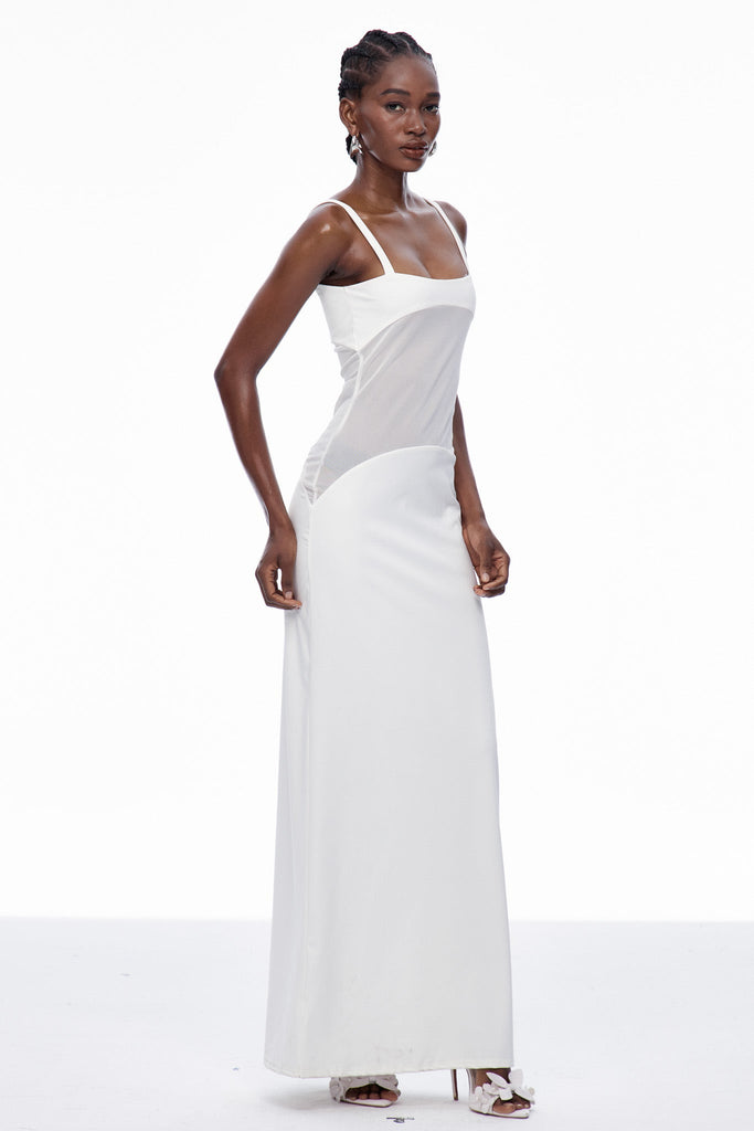 Stylish white dress | Aram Mesh Spaghetti Sleeveless Maxi Dress In White - Ideal for special occasions