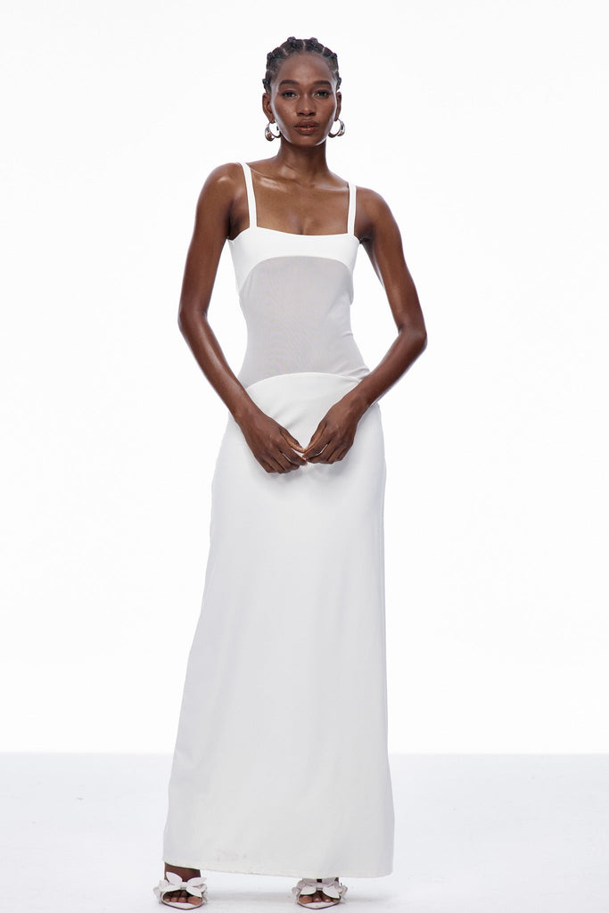 Stylish white dress | Aram Mesh Spaghetti Sleeveless Maxi Dress In White - Ideal for special occasions