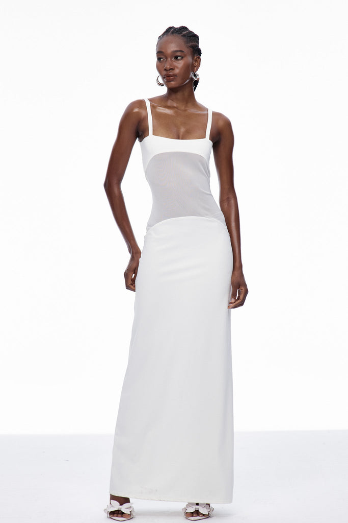 Stylish white dress | Aram Mesh Spaghetti Sleeveless Maxi Dress In White - Ideal for special occasions