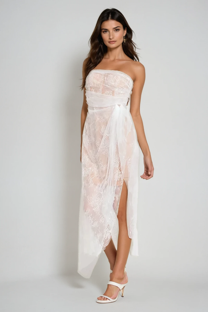 Shop  beautiful dress - Perfect for special occasions | Archer Mesh Corset Lace Asymmetric Midi Dress