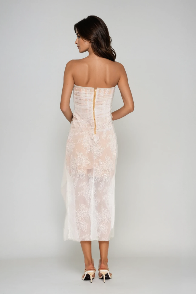 Shop  beautiful dress - Perfect for special occasions | Archer Mesh Corset Lace Asymmetric Midi Dress