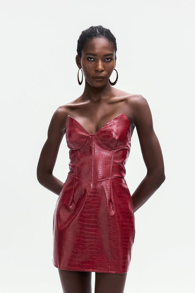 Stylish beautiful dress | Ardin Crocodile Pattern Strapless Leather Mini Dress - Ideal for special occasions