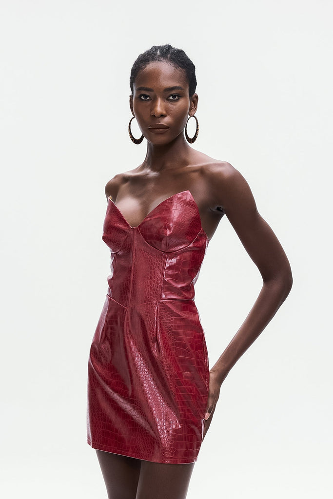 Stylish beautiful dress | Ardin Crocodile Pattern Strapless Leather Mini Dress - Ideal for special occasions