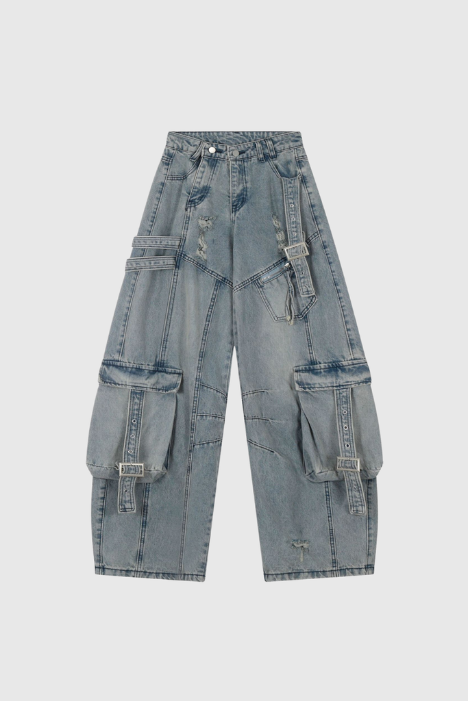 Arella Ripped Asymmetric Wide Cargo Jeans - Stylish beautiful dress for special occasions | Buy Online