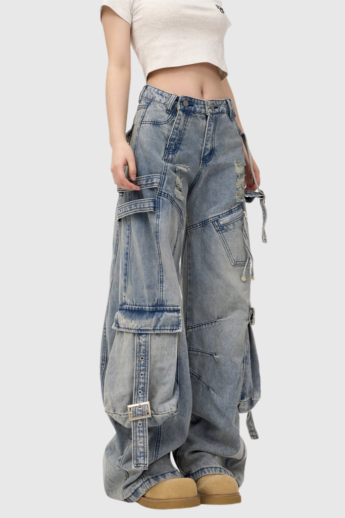 Stylish beautiful dress | Arella Ripped Asymmetric Wide Cargo Jeans - Ideal for special occasions