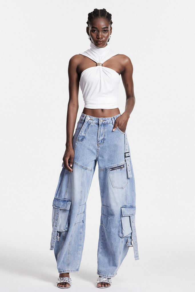 Shop  blue dress - Perfect for special occasions | Arella Asymmetric Buckle Wide Cargo Jeans In Blue