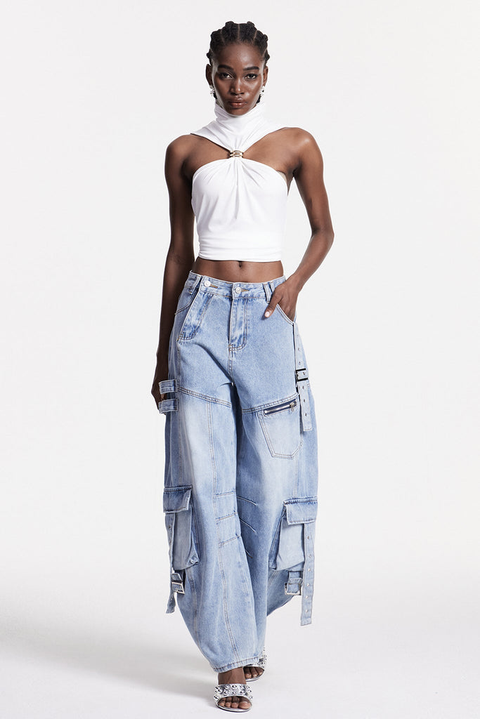 Shop  blue dress - Perfect for special occasions | Arella Asymmetric Buckle Wide Cargo Jeans In Blue