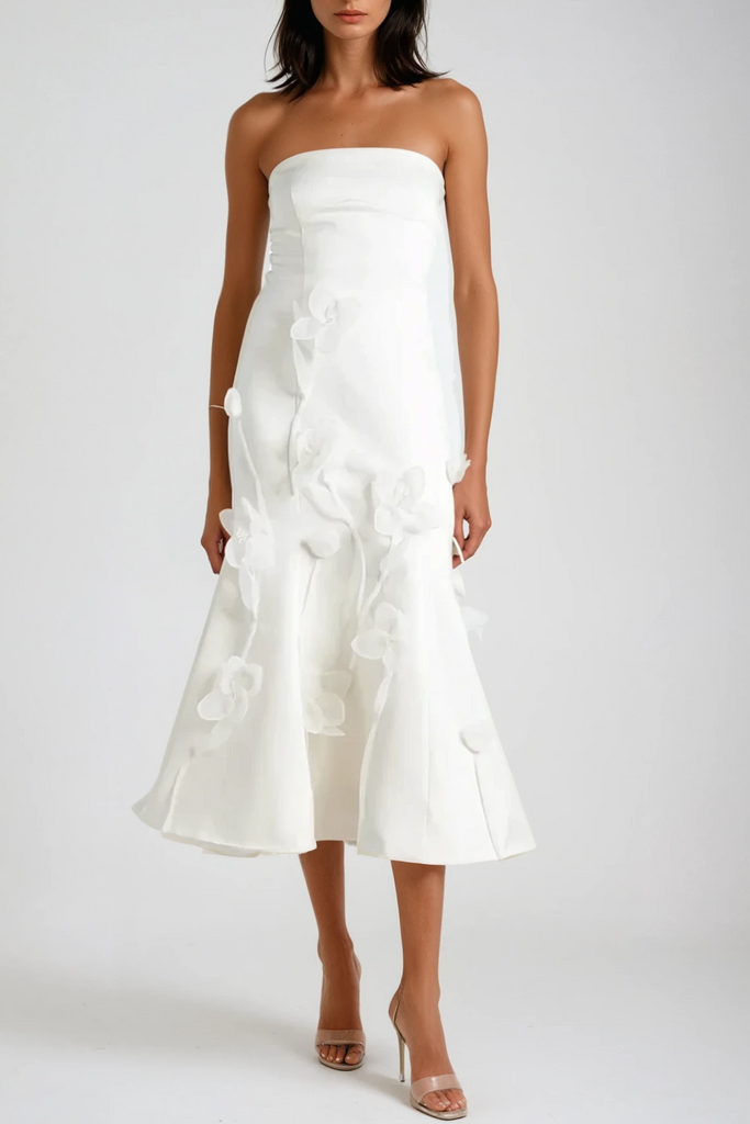 Aren Strapless Flower Ruffle Midi Dress - Stylish beautiful dress for special occasions | Buy Online